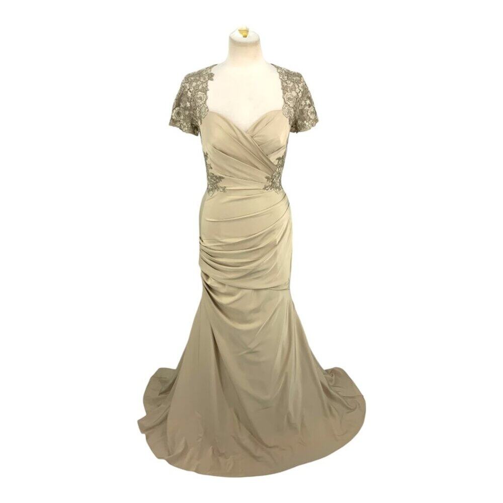 La Femme Satin Evening Dress Lace and Scoop Neckline Size 4 Taupe NWOT $498 MSRP